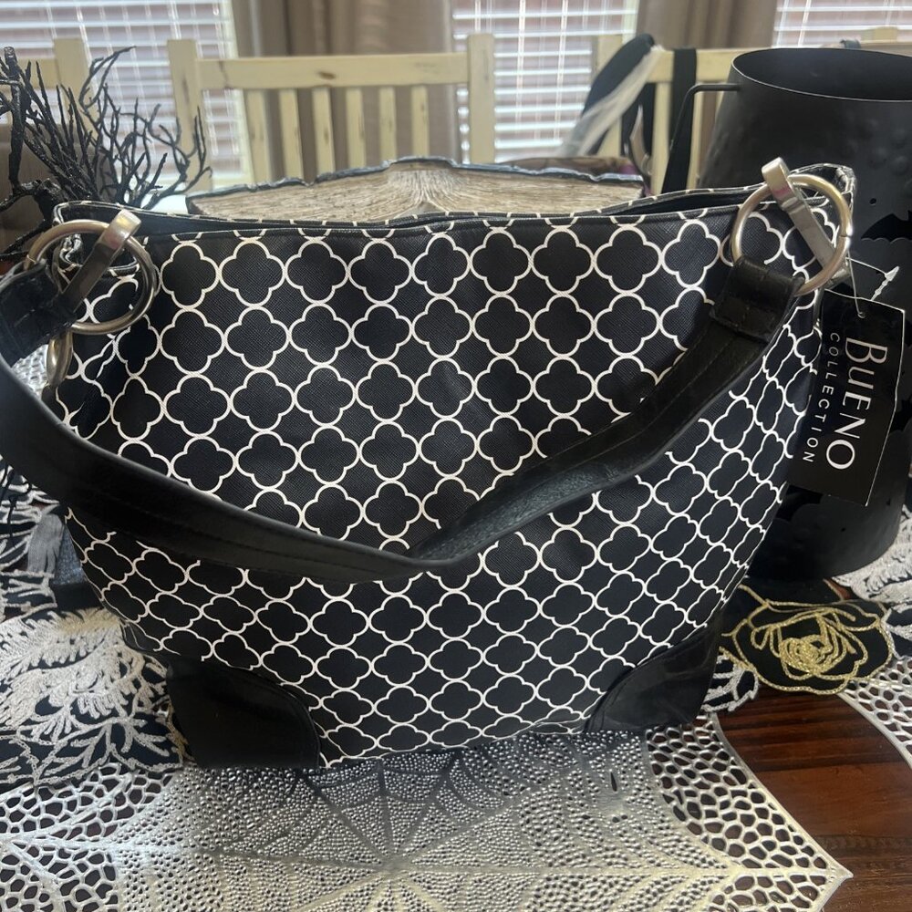 Bueno Collection Black White Geometric Print Shoulder Handbag Tote Fashion Bag - Picture 2 of 12